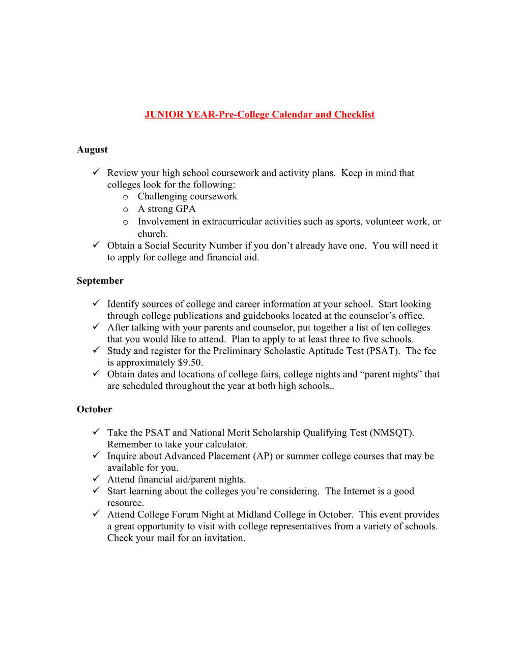 JUNIOR YEAR-Pre-College Calendar and Checklist