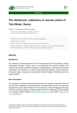 TUL Herbarium: Collections of Vascular Plants of Tula Oblast, Russia