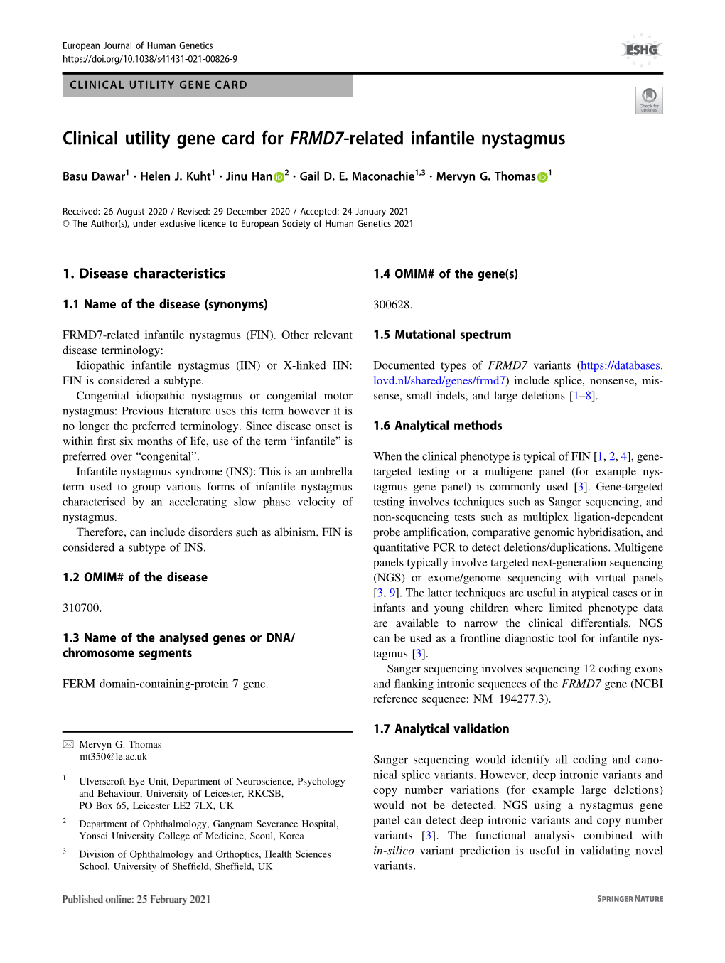 Clinical Utility Gene Card for FRMD7-Related Infantile Nystagmus