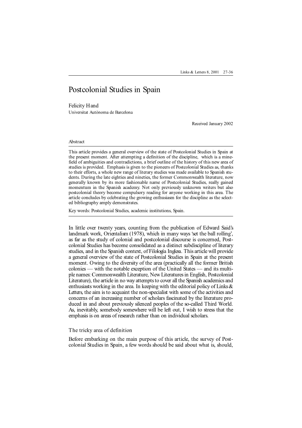 Postcolonial Studies in Spain