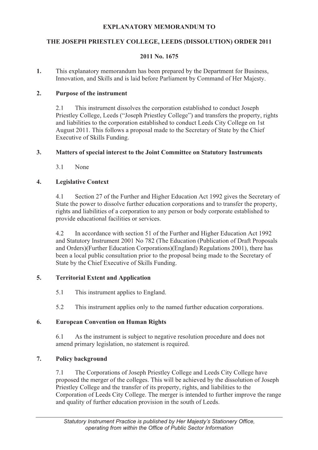 Explanatory Memorandum to the Joseph Priestley