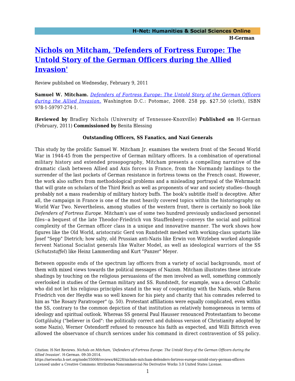 Nichols on Mitcham, 'Defenders of Fortress Europe: the Untold Story of the German Officers During the Allied Invasion'