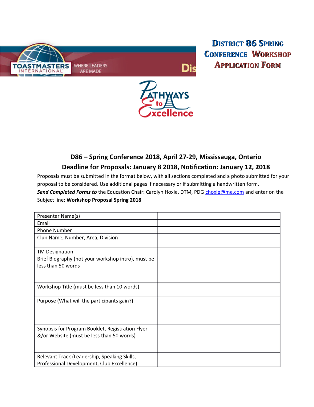 District 86 Spring Conference Workshop Application Form