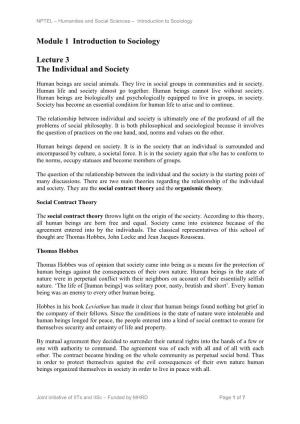 Module 1 Introduction to Sociology Lecture 3 the Individual and Society