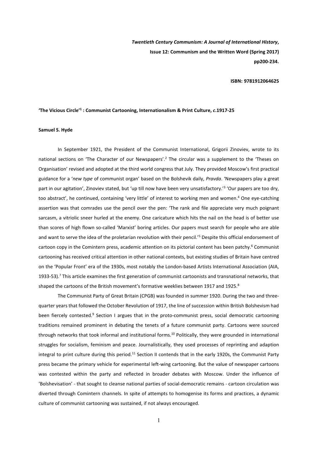 Twentieth Century Communism: a Journal of International History, Issue 12: Communism and the Written Word (Spring 2017) Pp200-23