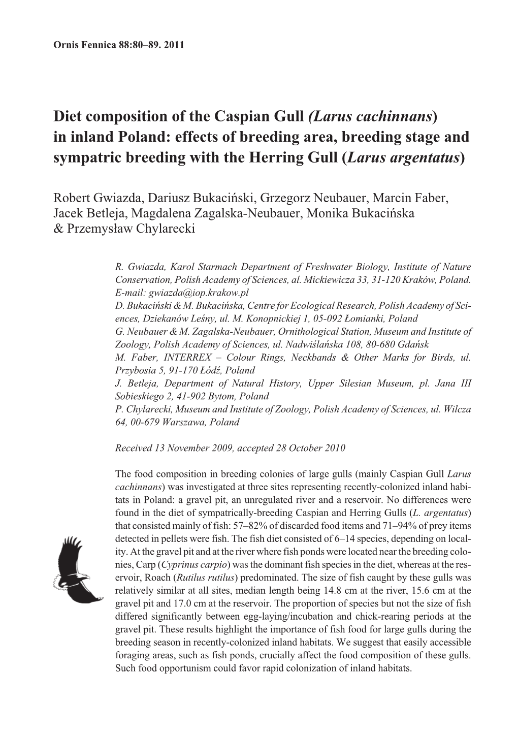 Diet Composition of the Caspian Gull (Larus Cachinnans) in Inland