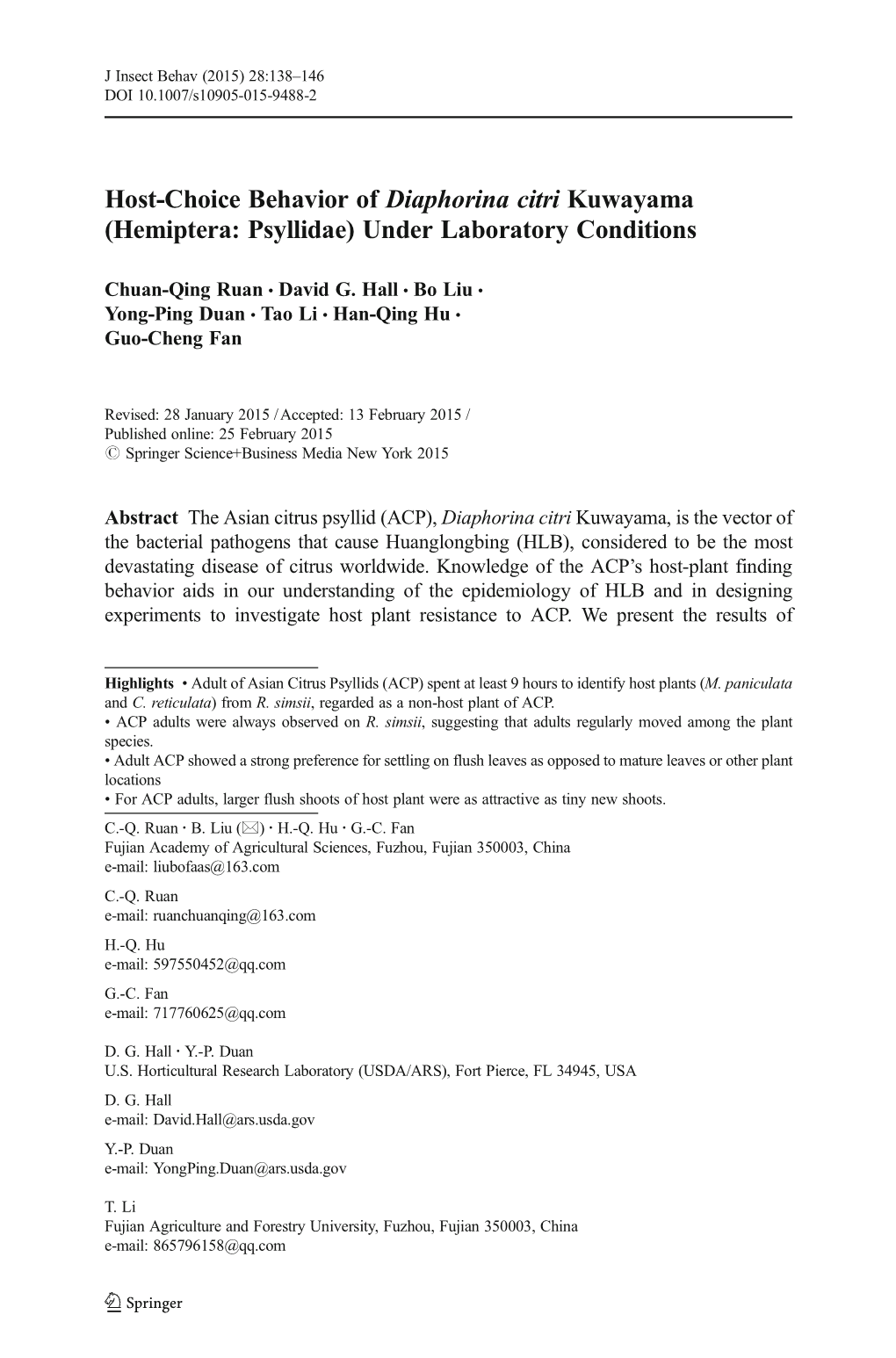 Host-Choice Behavior of Diaphorina Citri Kuwayama (Hemiptera: Psyllidae) Under Laboratory Conditions