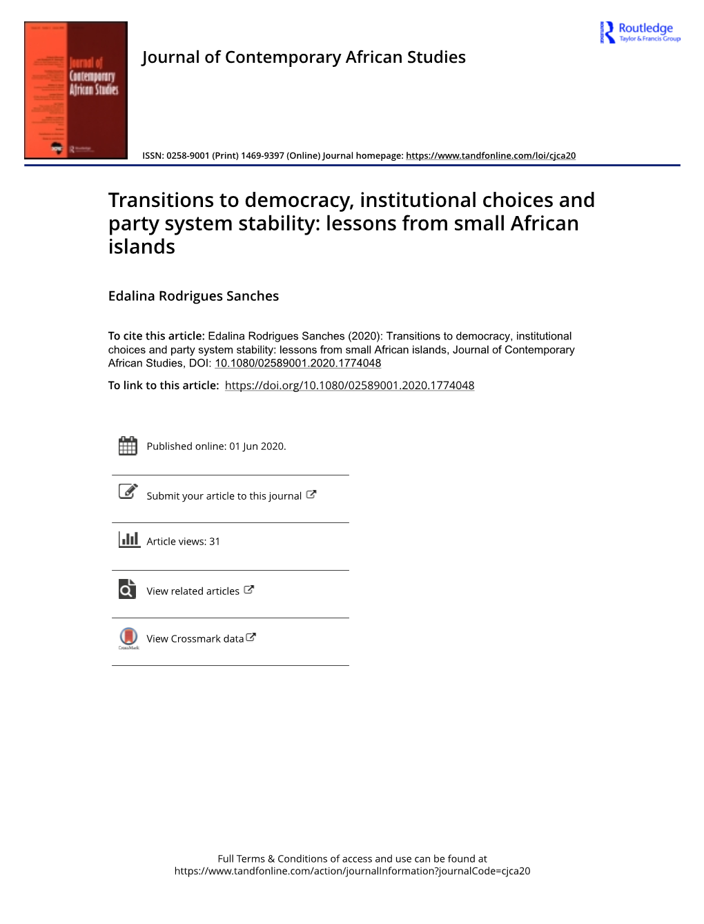 Transitions to Democracy, Institutional Choices and Party System Stability: Lessons from Small African Islands