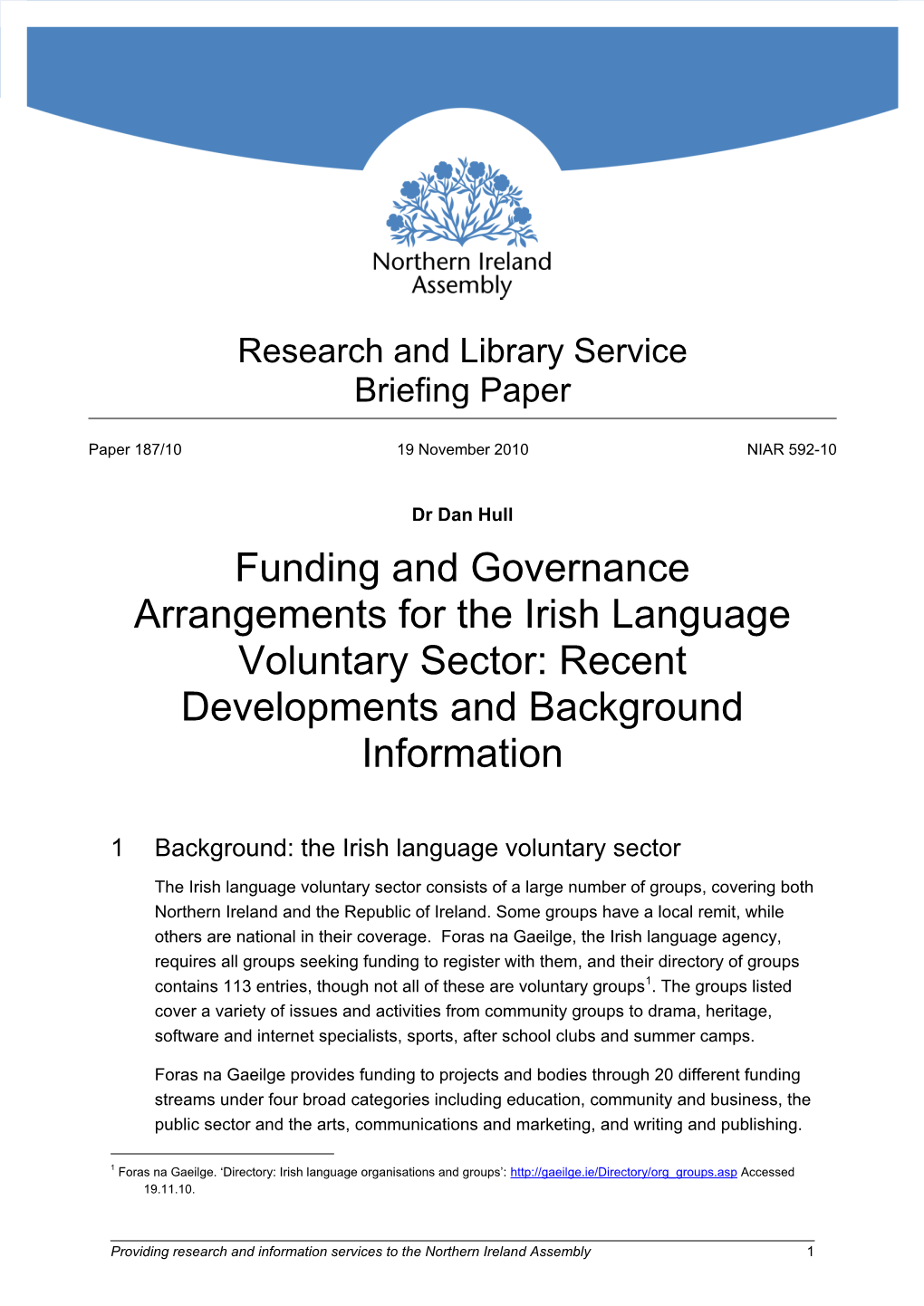 Funding and Governance Arrangements for the Irish Language Voluntary Sector: Recent Developments and Background Information