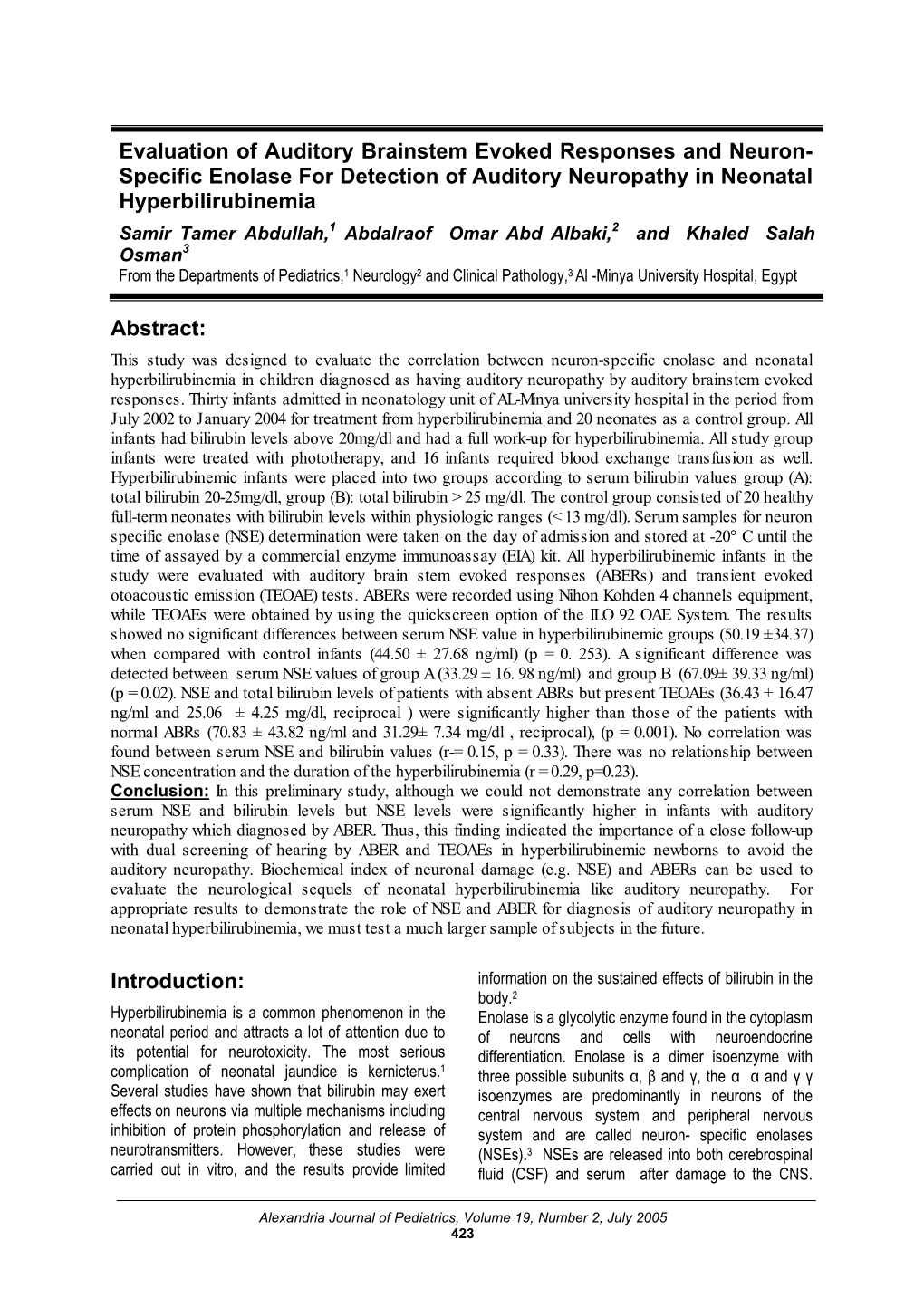 Specific Enolase for Detection of Auditory Neuropathy in Neonatal