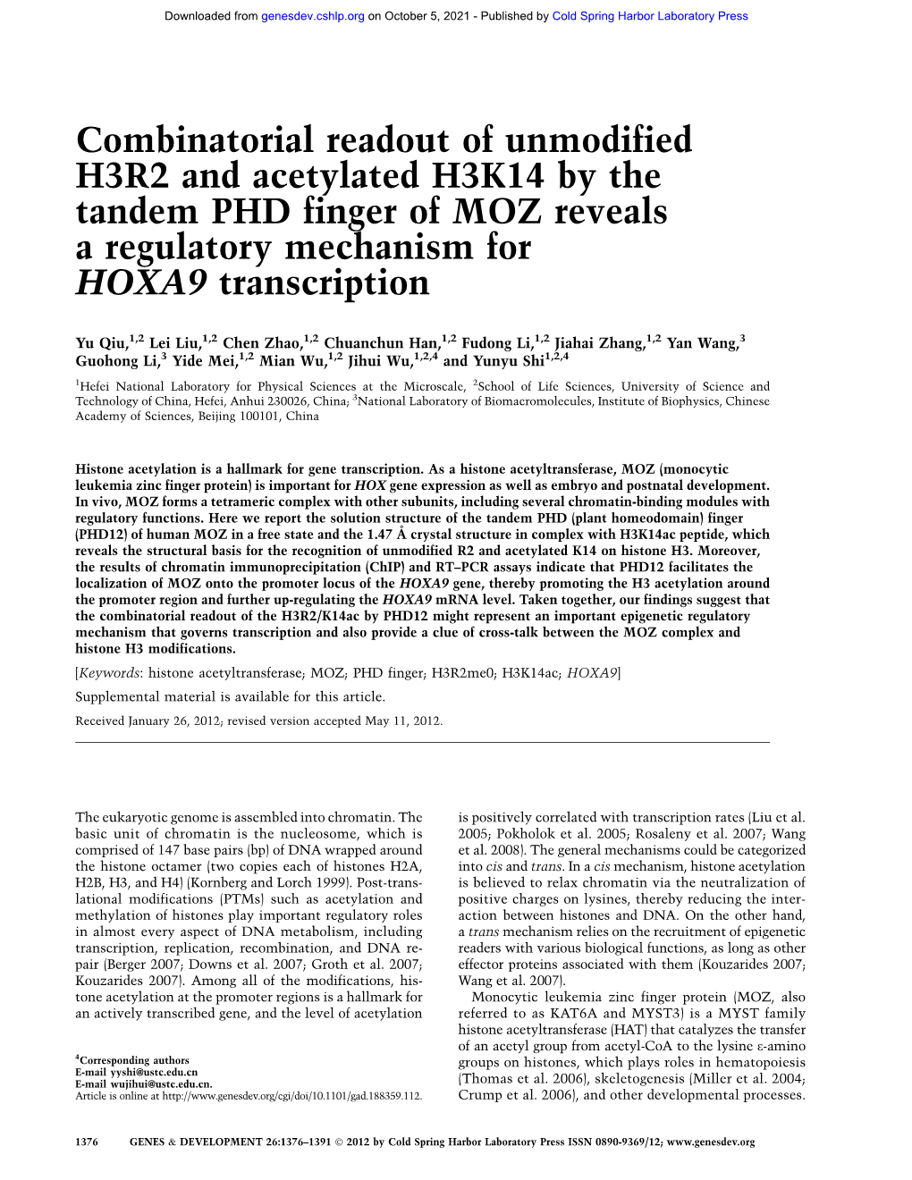 Combinatorial Readout of Unmodified H3R2 and Acetylated H3K14 by the Tandem PHD Finger of MOZ Reveals a Regulatory Mechanism for HOXA9 Transcription