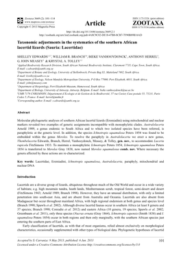 Taxonomic Adjustments in the Systematics of the Southern African Lacertid Lizards (Sauria: Lacertidae)