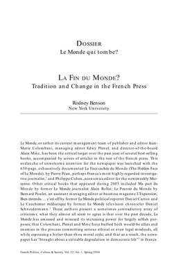 LA FIN DU MONDE? Tradition and Change in the French Press