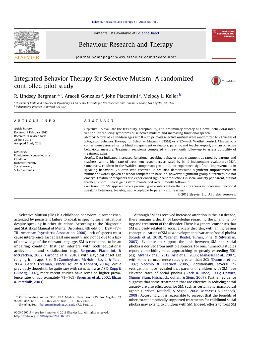 Integrated Behavior Therapy for Selective Mutism: a Randomized Controlled Pilot Study