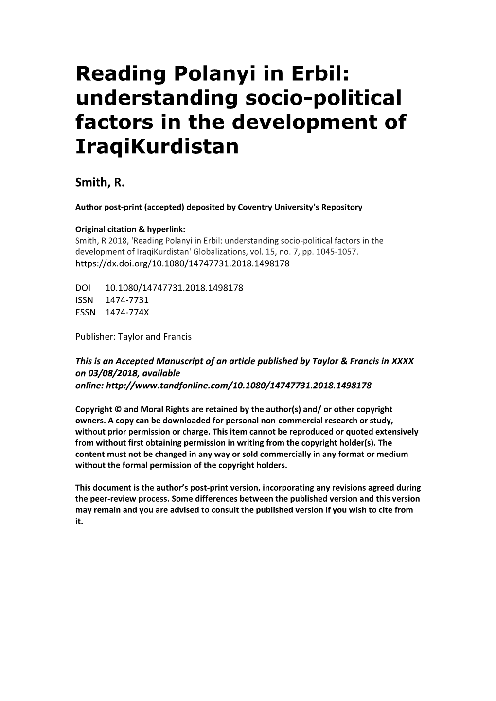 Reading Polanyi in Erbil: Understanding Socio-Political Factors in the Development of Iraqikurdistan