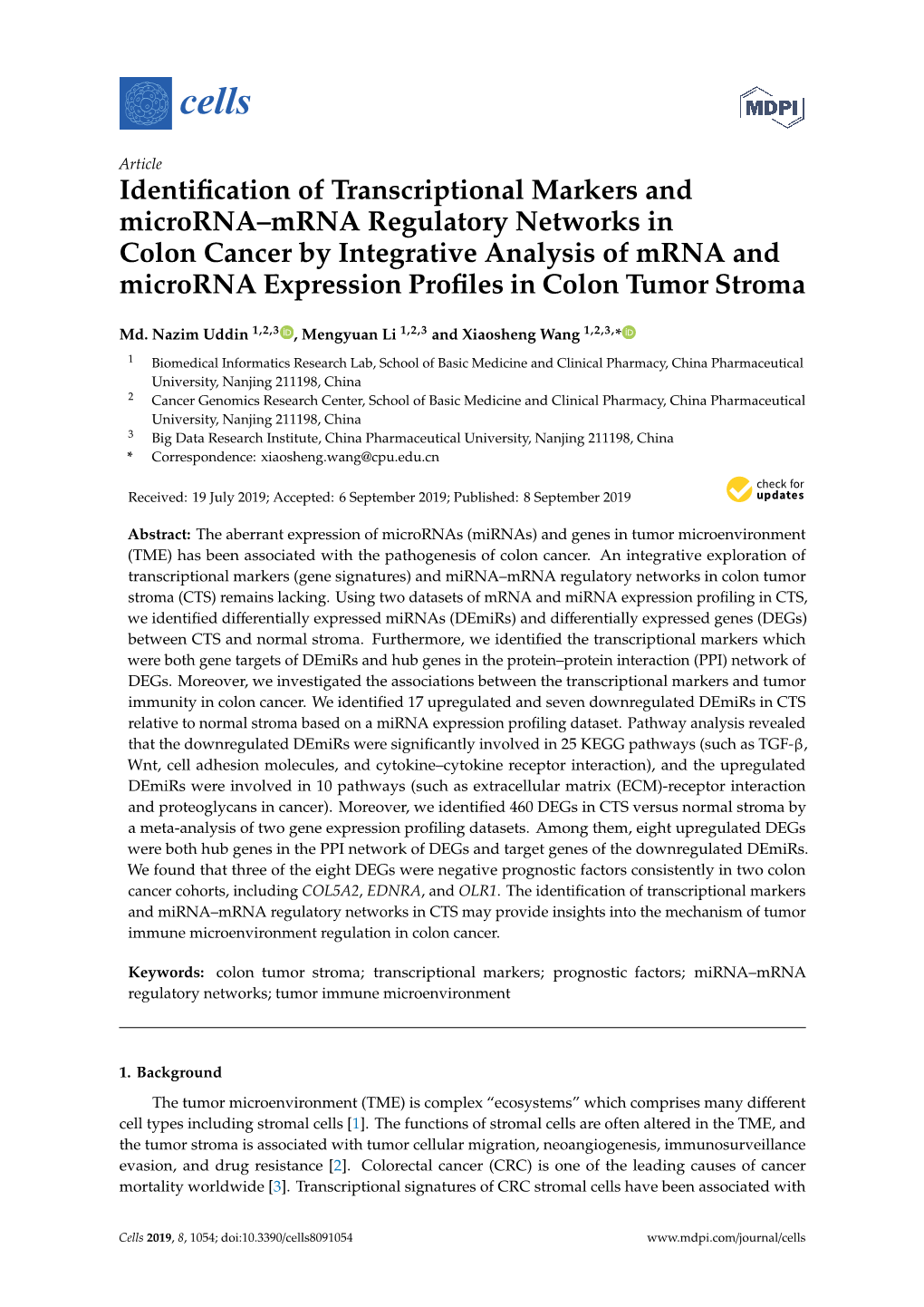 Identification of Transcriptional Markers and Microrna–Mrna