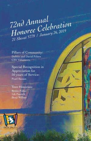 72Nd Annual Honoree Celebration 21 Shevat 5779 / January 26, 2019