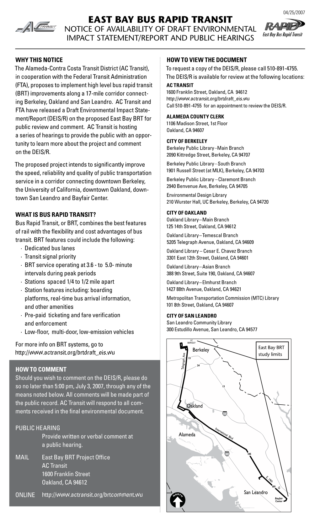 East Bay Bus Rapid Transit Notice of Availability of Draft Environmental Impact Statement/Report and Public Hearings