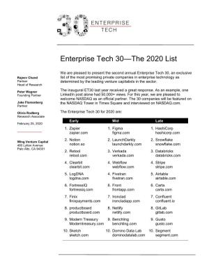 Enterprise Tech 30 the 2020 List