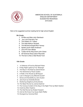 American School of Guatemala English Department Suggested Readings 2019-2020