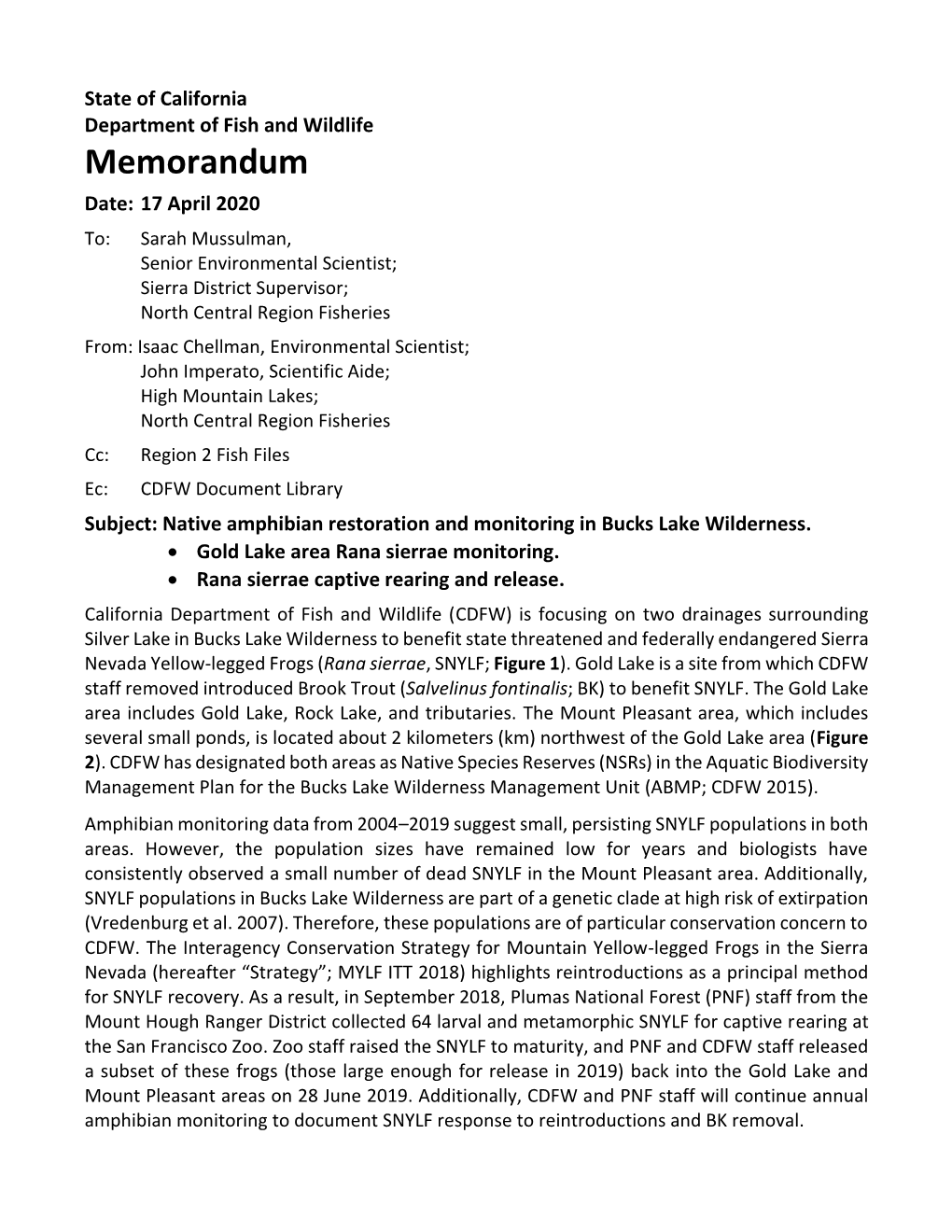 Native Amphibian Restoration and Monitoring in Bucks Lake Wilderness