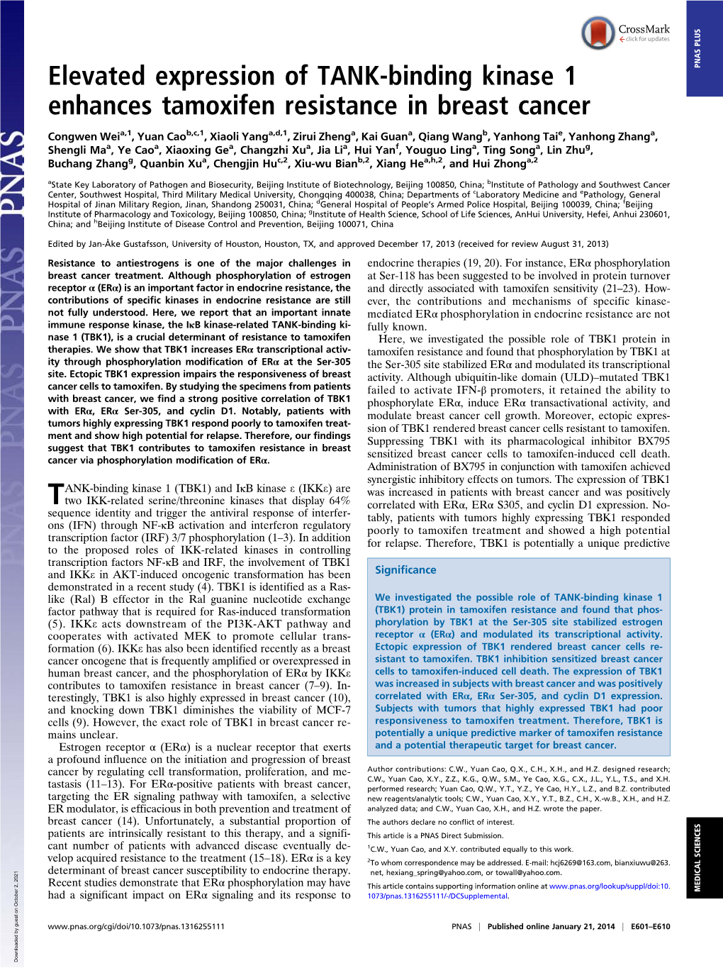 Elevated Expression of TANK-Binding Kinase 1 Enhances Tamoxifen Resistance in Breast Cancer