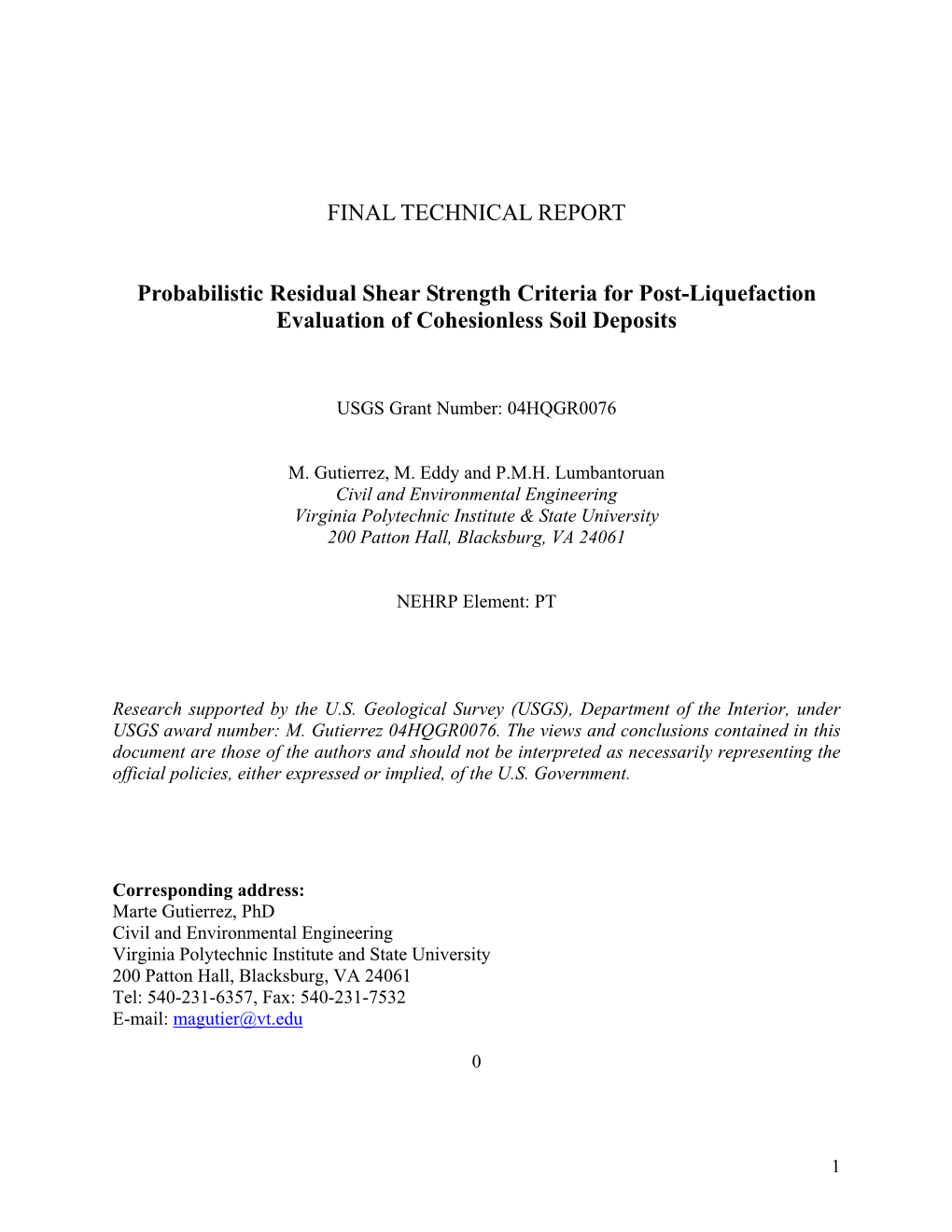 FINAL TECHNICAL REPORT Probabilistic Residual Shear