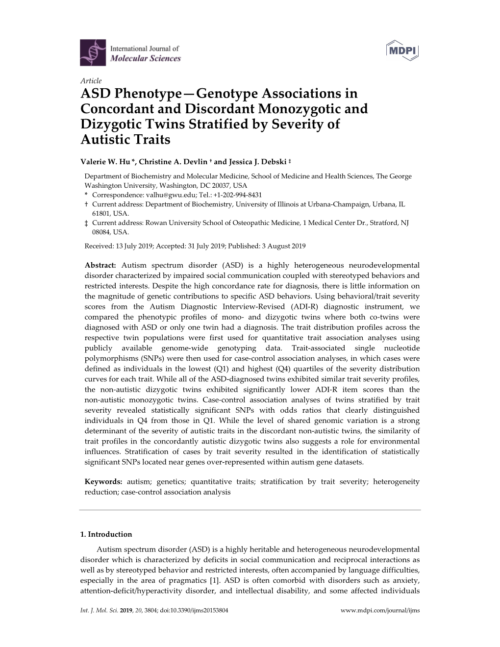 ASD Phenotype—Genotype Associations in Concordant and Discordant Monozygotic and Dizygotic Twins Stratified by Severity of Autistic Traits