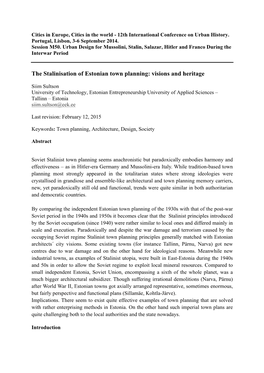 The Stalinisation of Estonian Town Planning: Visions and Heritage