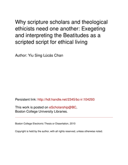 Why Scripture Scholars and Theological Ethicists Need One Another: Exegeting and Interpreting the Beatitudes As a Scripted Script for Ethical Living