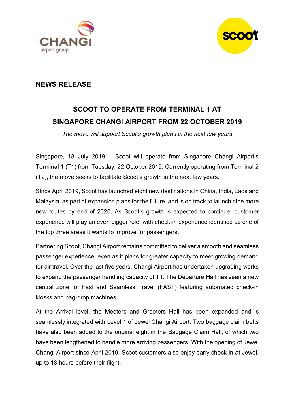News Release Scoot to Operate from Terminal 1 at Singapore Changi Airport from 22 October 2019