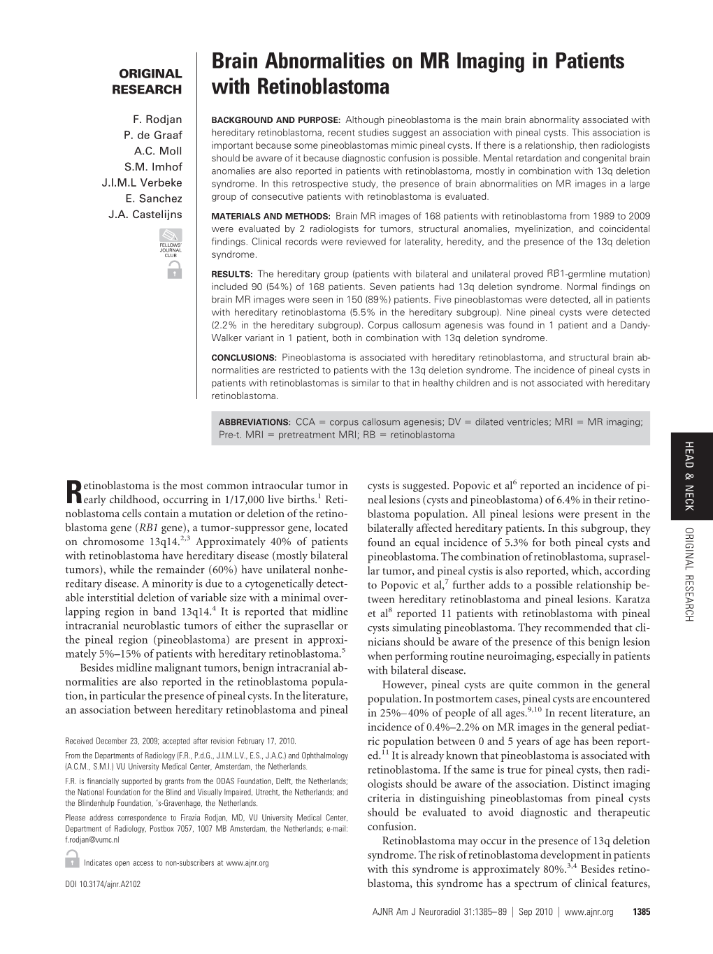 Brain Abnormalities on MR Imaging in Patients with Retinoblastoma