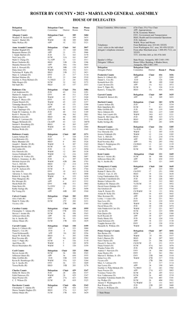 Roster by County 2021 Maryland General Assembly