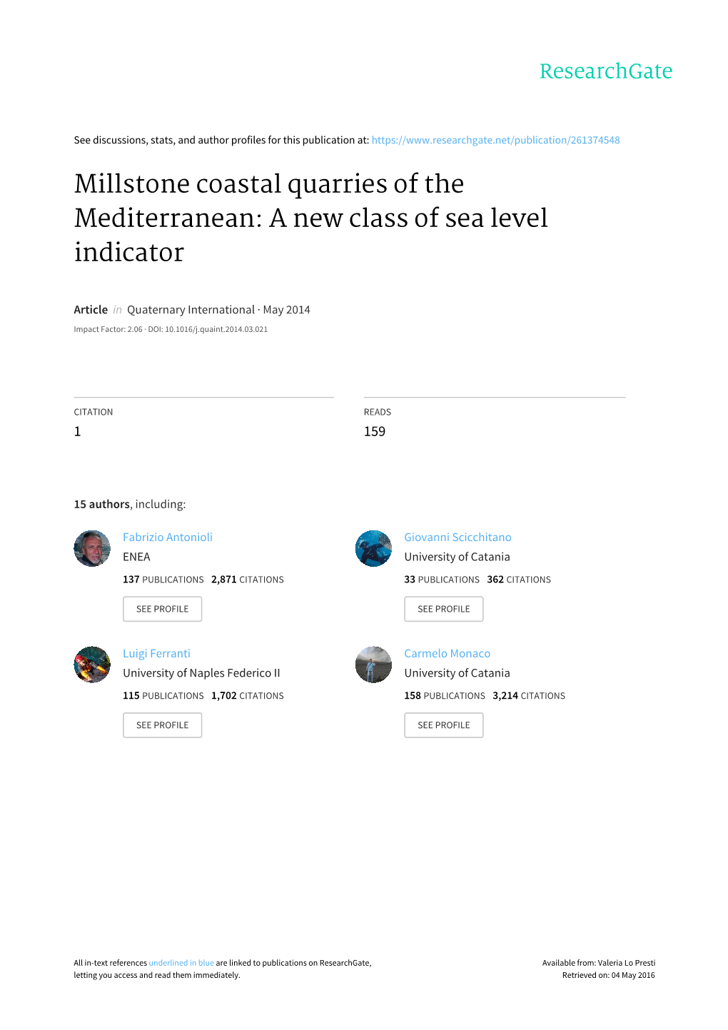 Millstone Coastal Quarries of the Mediterranean: a New Class of Sea Level Indicator