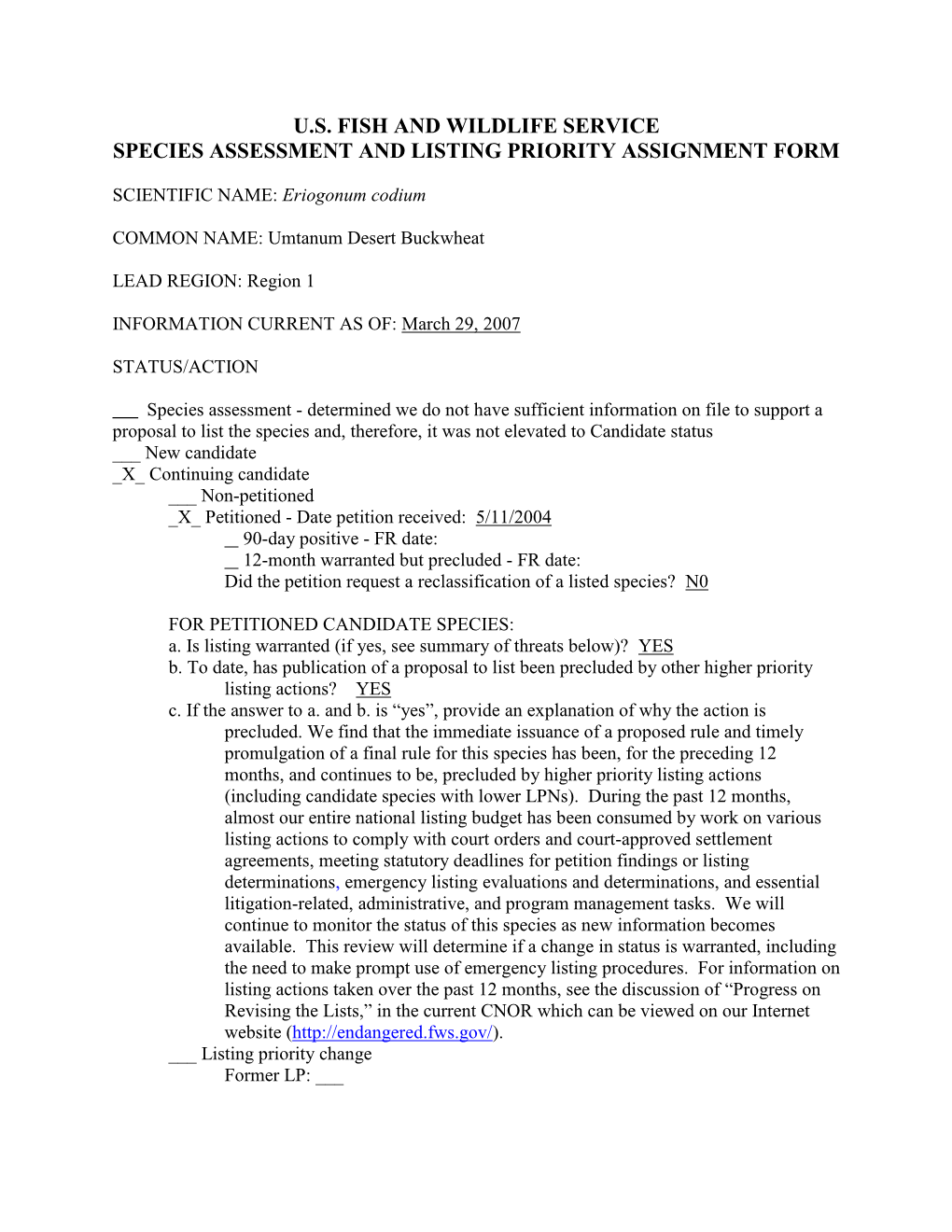 U.S. Fish and Wildlife Service Species Assessment and Listing Priority Assignment Form