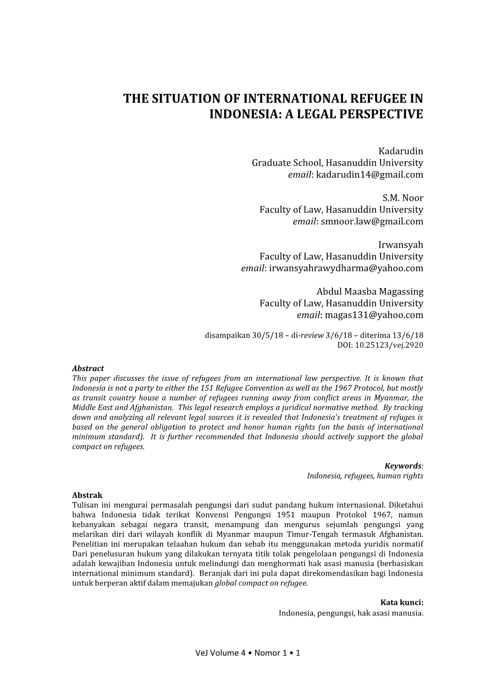 The Situation of International Refugee in Indonesia: a Legal Perspective