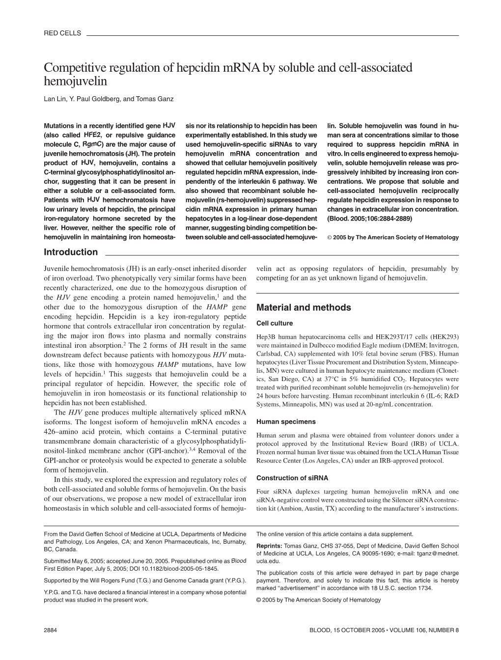 Competitive Regulation of Hepcidin Mrna by Soluble and Cell-Associated Hemojuvelin