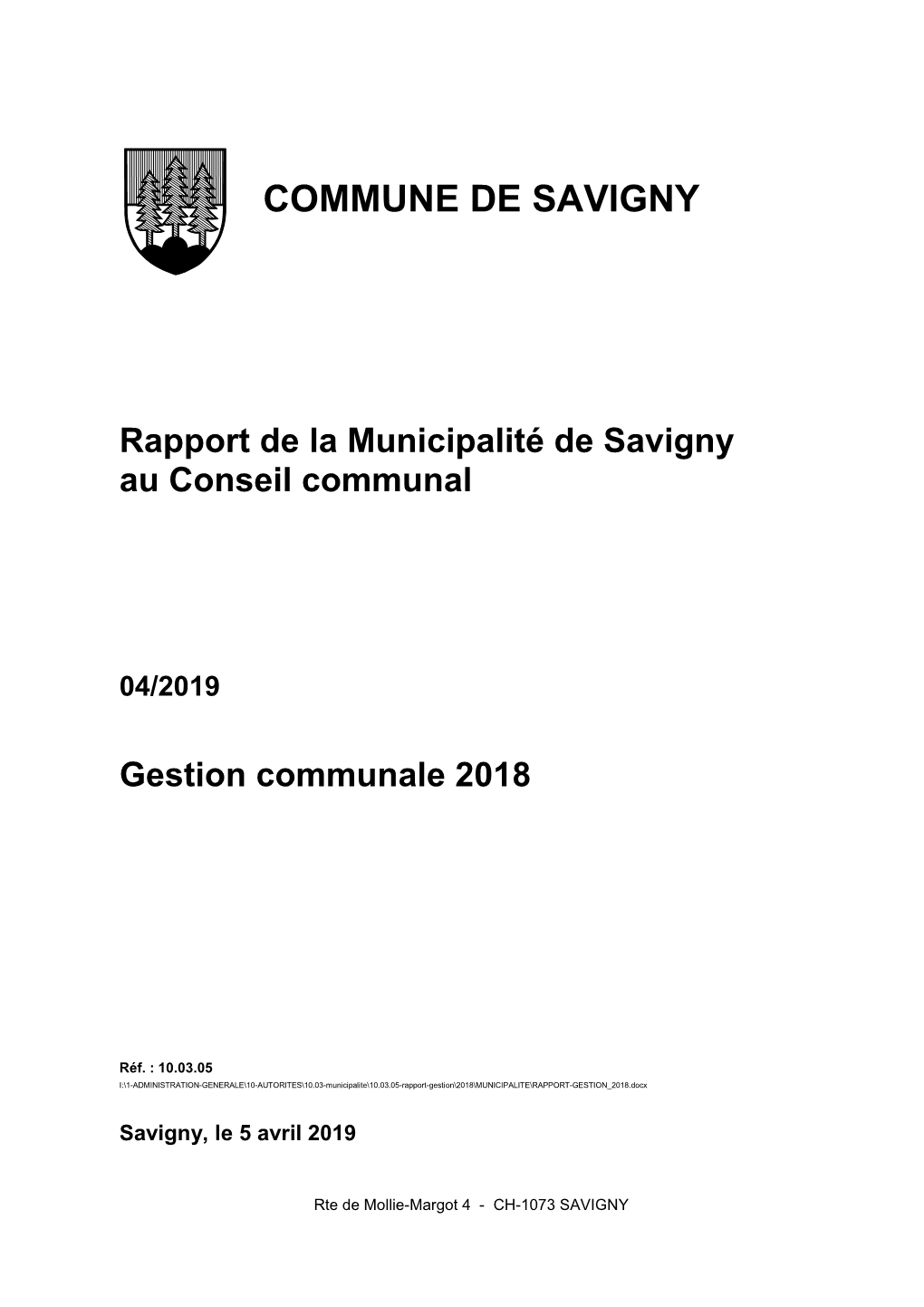 Rapport De Gestion Et D’Activités 2018 Du SDIS Cœur De Lavaux