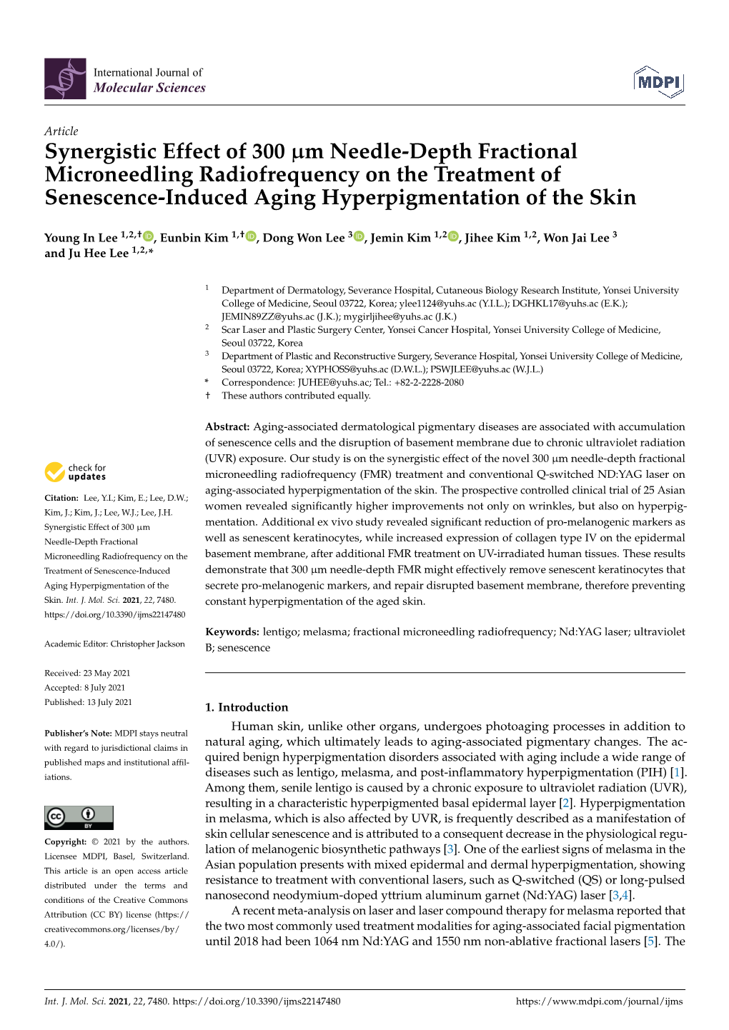 Synergistic Effect of 300 M Needle-Depth Fractional Microneedling Radiofrequency on the Treatment of Senescence-Induced Aging Hy