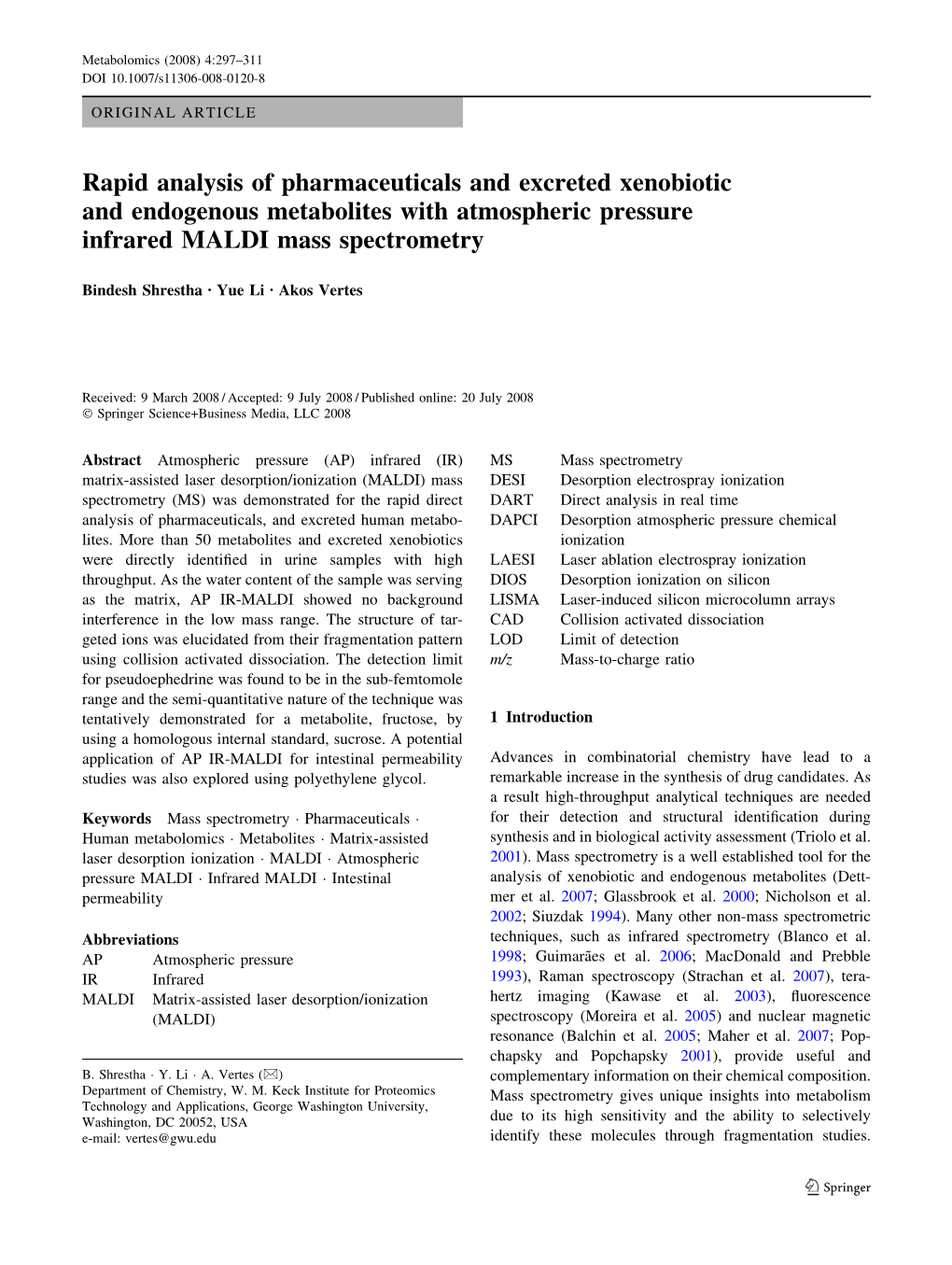 Rapid Analysis of Pharmaceuticals and Excreted Xenobiotic and Endogenous Metabolites with Atmospheric Pressure Infrared MALDI Mass Spectrometry