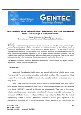 Analysis of Information on Local Embassy Relations in Abdurazzak Samarkandi's Work "Matlai Sadayn Wa Majmai Bahrain"