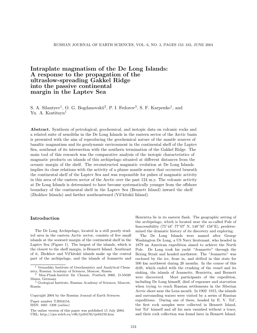 Intraplate Magmatism of the De Long Islands