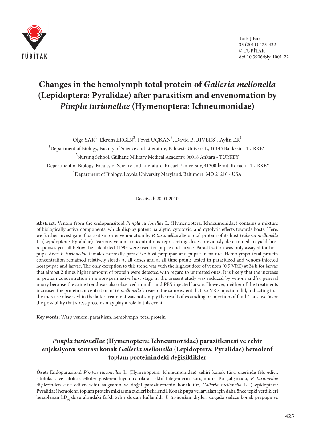 Changes in the Hemolymph Total Protein of Galleria Mellonella