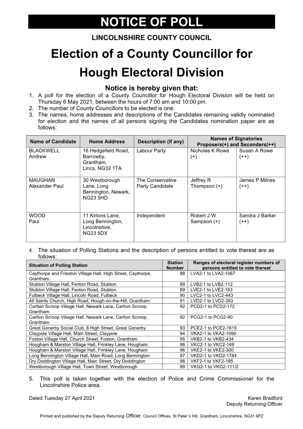 NOTICE of POLL Election of a County Councillor for Hough