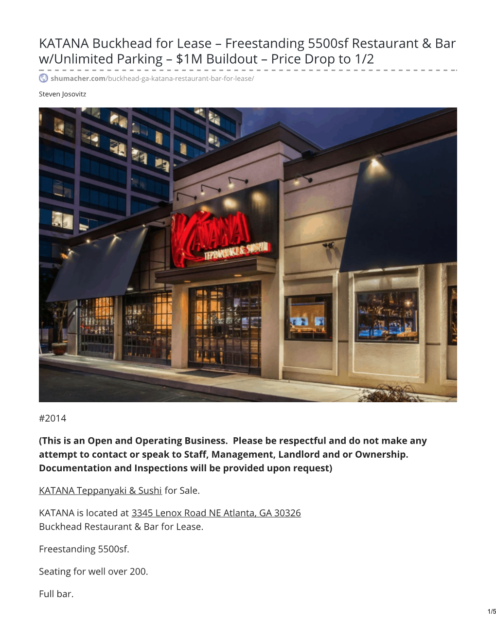 KATANA Buckhead for Lease – Freestanding 5500Sf Restaurant & Bar W/Unlimited Parking – $1M Buildout – Price Drop to 1/2