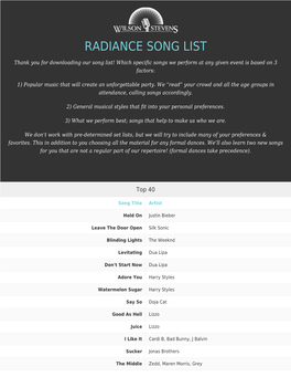 Radiance Song List