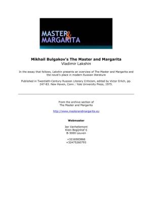 Mikhail Bulgakov's the Master and Margarita Vladimir Lakshin