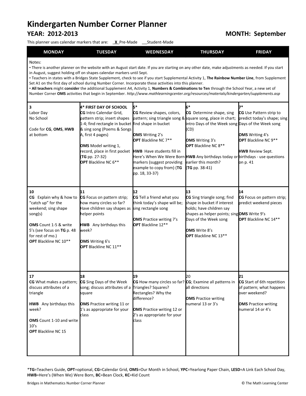 Kindergarten Number Corner Planner