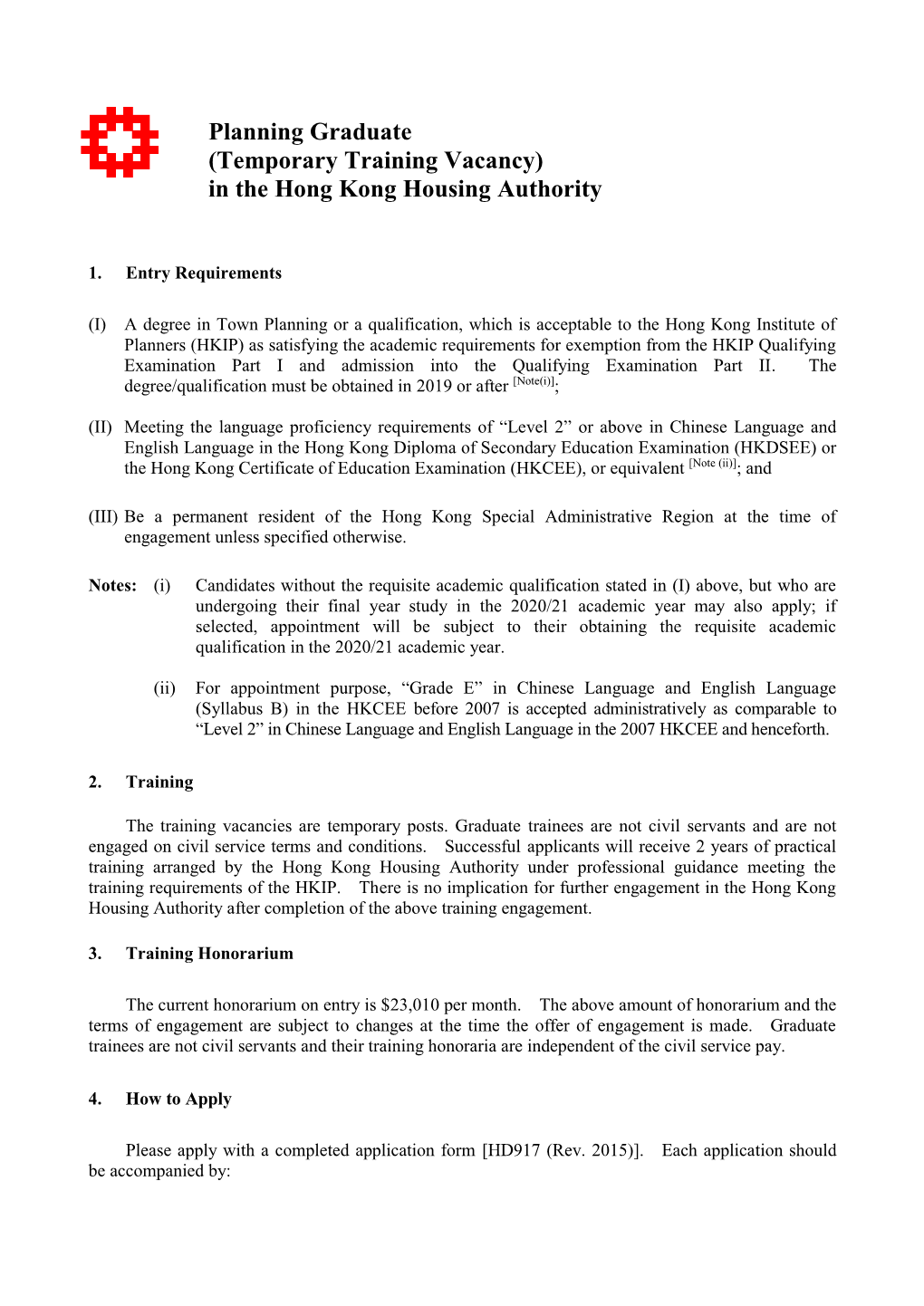 (Temporary Training Vacancy) in the Hong Kong Housing Authority