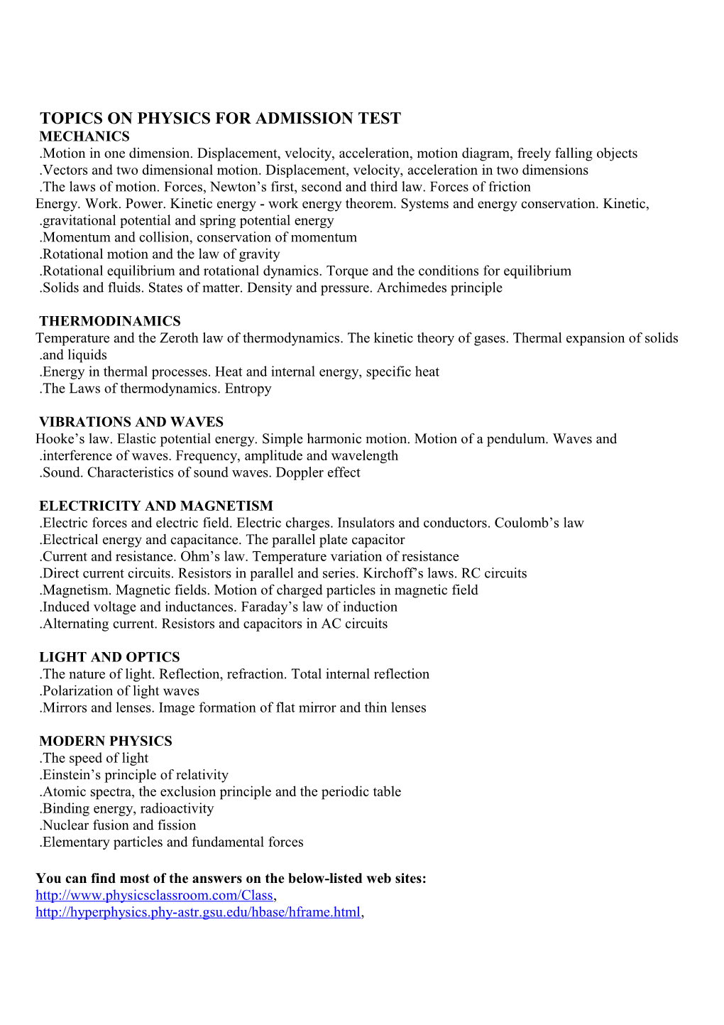 Topics on Physics for Admission Test